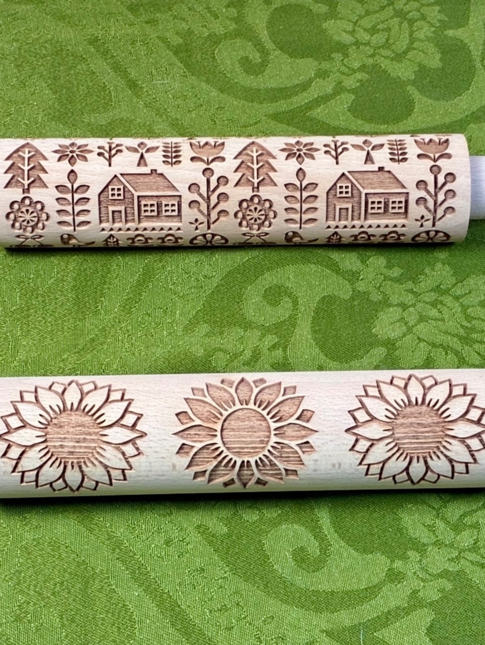 Set of 2 Wooden Embossing Rolling Pins with Sunflower and Cottage Patterns